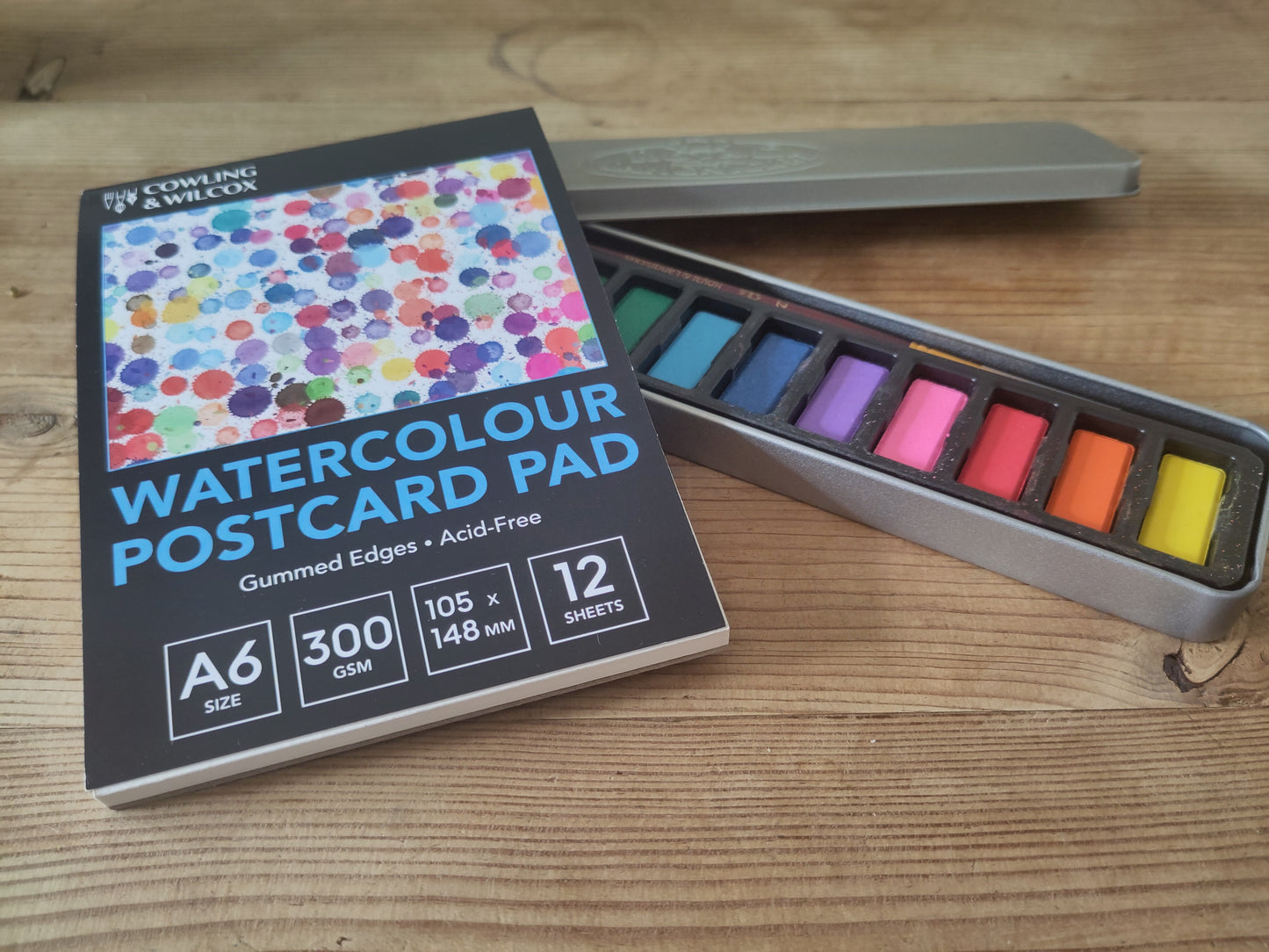 Watercolour paints and postcard watercolour pad